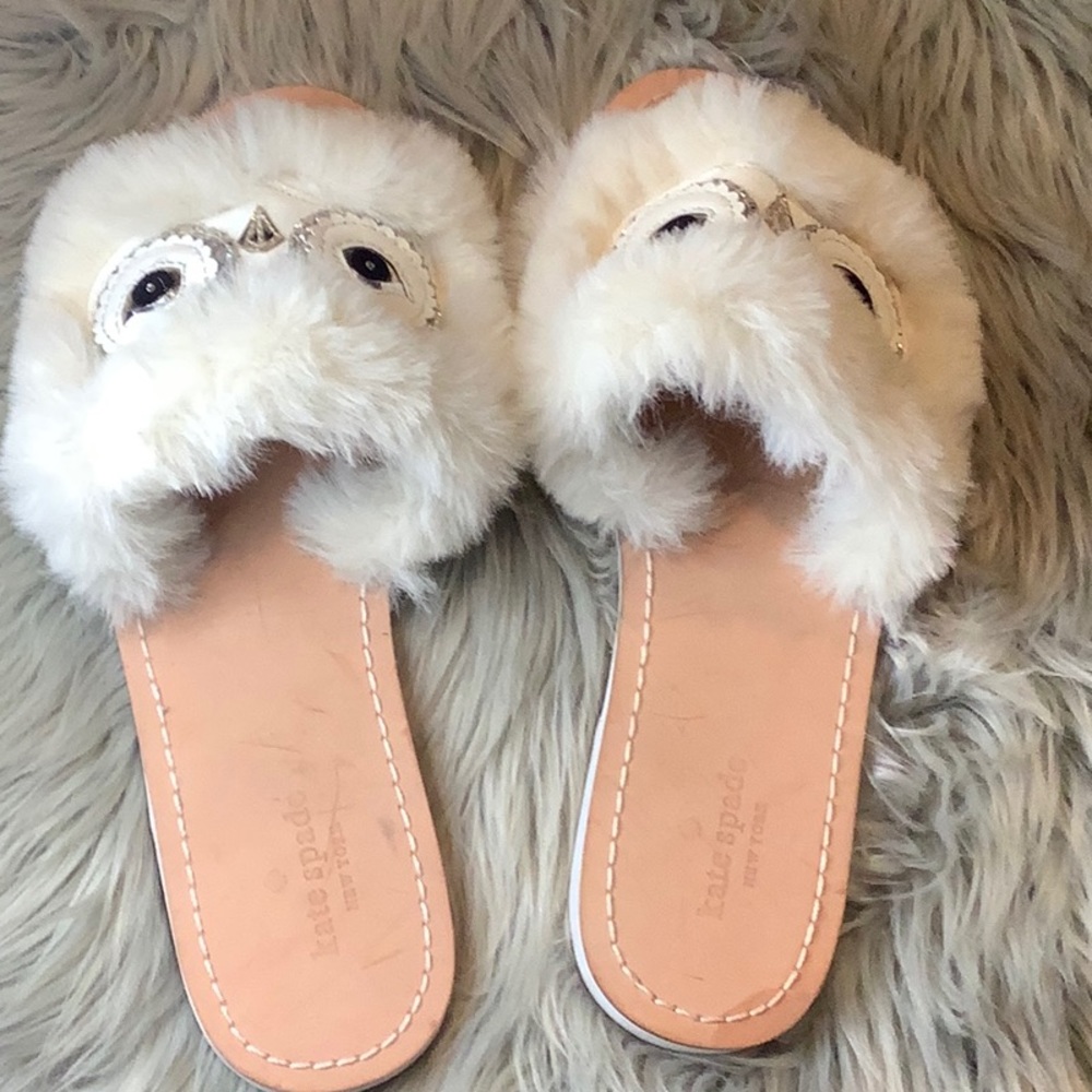 Kate Spade NY 7.5 Ingrid faux fur owl slides EUC.